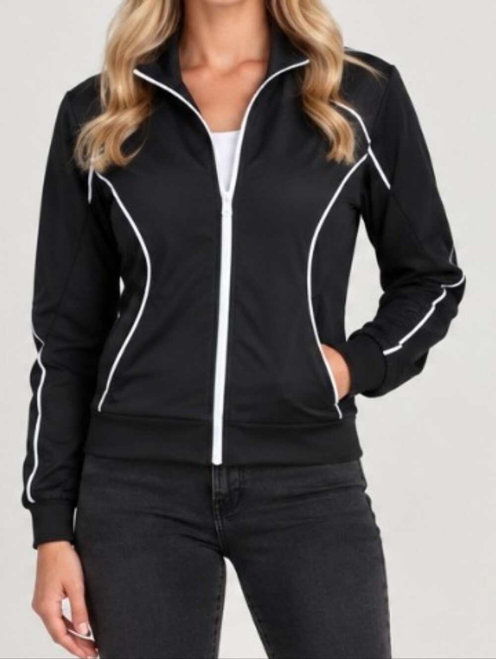 Women's Black Zip-Front Jacket with Contrast Piping